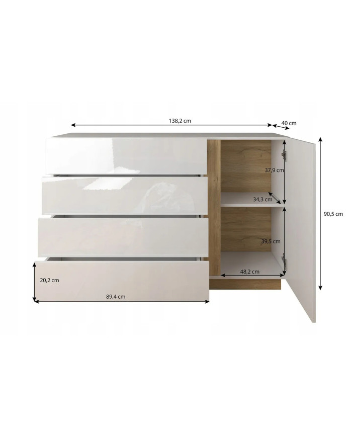 Commode étagères une porte et 4 tiroirs blanc brillant Mobilinea White