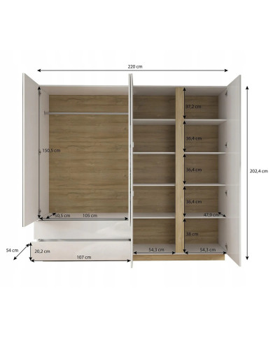 Armoire 4 portes avec 2 miroirs et 2 tiroirs 220 cm blanc brillant 220 cm Mobilinea White