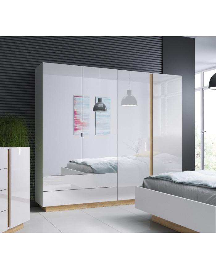 Armoire 4 portes avec 2 miroirs et 2 tiroirs 220 cm blanc brillant 220 cm Mobilinea White