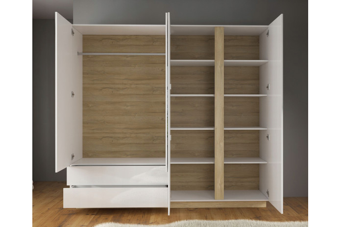 Armoire 4 portes avec 2 miroirs et 2 tiroirs 220 cm blanc brillant 220 cm Mobilinea White