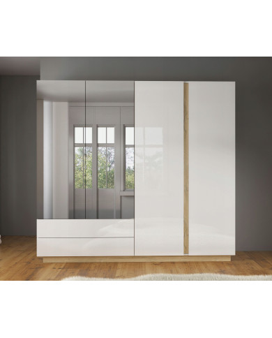 Armoire 4 portes avec 2 miroirs et 2 tiroirs 220 cm blanc brillant 220 cm Mobilinea White