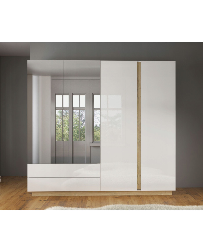 Armoire 4 portes avec 2 miroirs et 2 tiroirs 220 cm blanc brillant 220 cm Mobilinea White