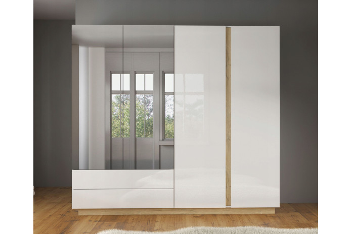 Armoire 4 portes avec 2 miroirs et 2 tiroirs 220 cm blanc brillant 220 cm Mobilinea White