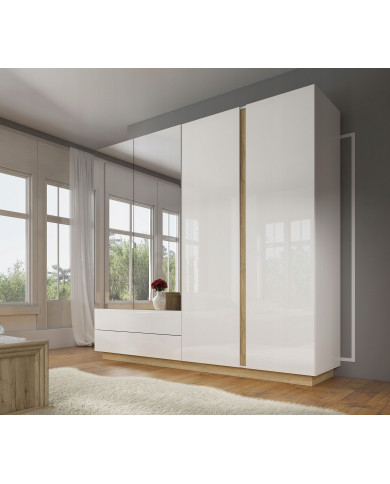 Armoire 4 portes avec 2 miroirs et 2 tiroirs 220 cm blanc brillant 220 cm Mobilinea White