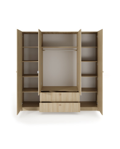 Armoire penderie étagères 4 portes et 2 miroirs avec 2 tiroirs chêne barista 213 cm ELIA