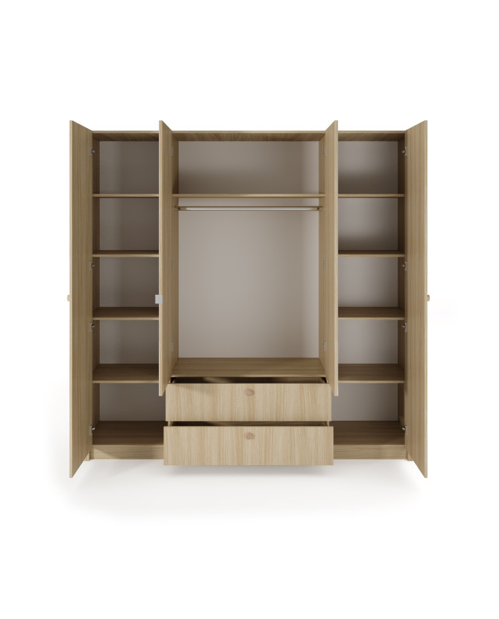 Armoire penderie étagères 4 portes et 2 miroirs avec 2 tiroirs chêne barista 213 cm ELIA