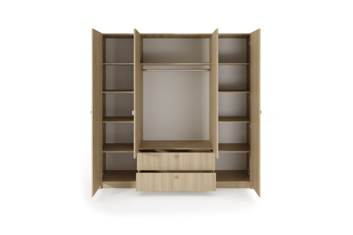 Armoire penderie étagères 4 portes et 2 miroirs avec 2 tiroirs chêne barista 213 cm ELIA