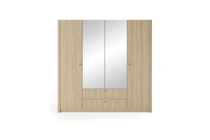Armoire penderie étagères 4 portes et 2 miroirs avec 2 tiroirs chêne barista 213 cm ELIA