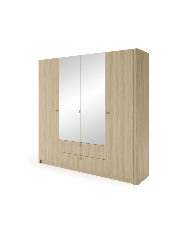 Armoire penderie étagères 4 portes et 2 miroirs avec 2 tiroirs chêne barista 213 cm ELIA