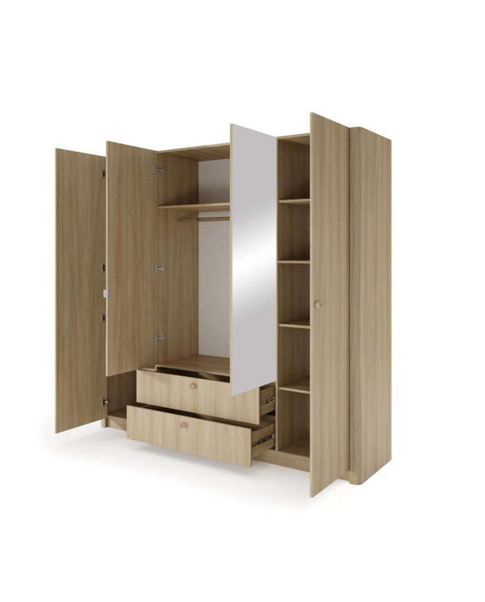 Armoire penderie étagères 4 portes et 2 miroirs avec 2 tiroirs chêne barista 213 cm ELIA