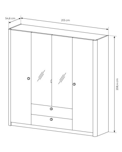 Armoire penderie étagères 4 portes et 2 miroirs avec 2 tiroirs chêne barista 213 cm ELIA