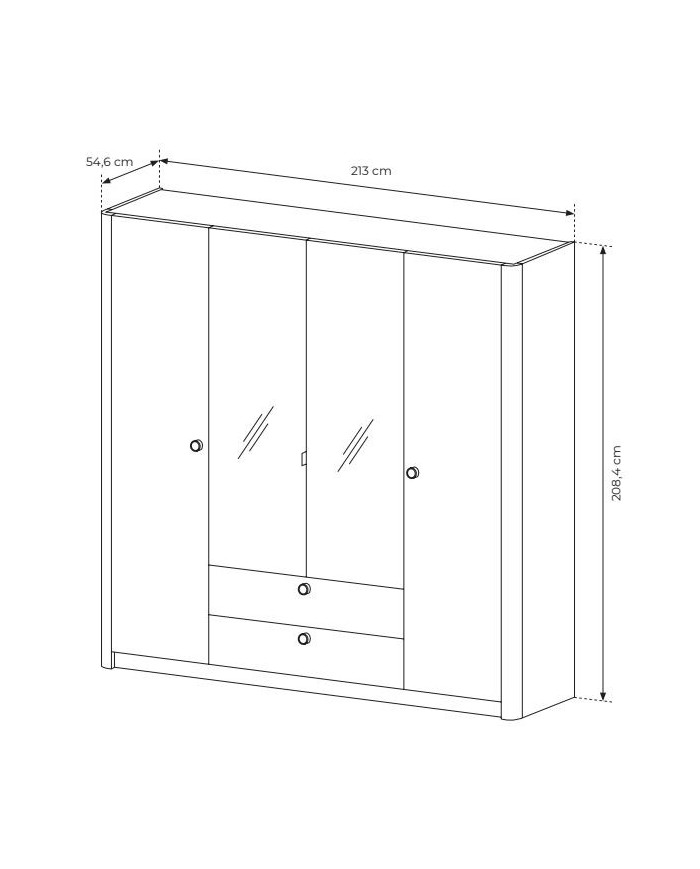 Armoire penderie étagères 4 portes et 2 miroirs avec 2 tiroirs chêne barista 213 cm ELIA