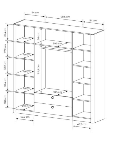 Armoire penderie étagères 4 portes et 2 miroirs avec 2 tiroirs chêne barista 213 cm ELIA