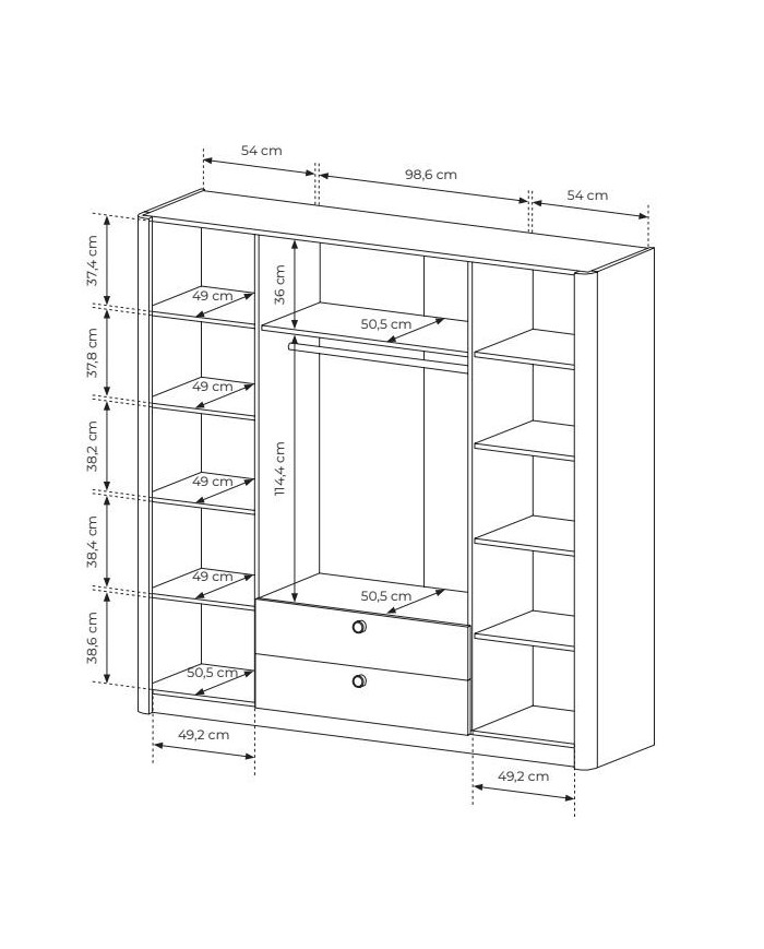 Armoire penderie étagères 4 portes et 2 miroirs avec 2 tiroirs chêne barista 213 cm ELIA