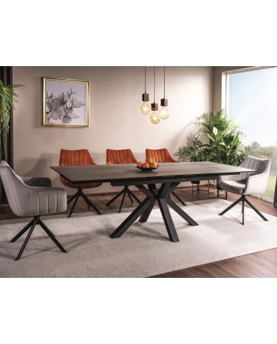 Table extensible plateau céramique espagnole à effet bois et structure métal COLOMBO