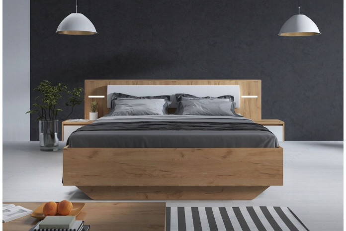 Lit avec tête de lit capitonnée et table de chevets avec LEDs intégrées 160x200 cm  Lexo