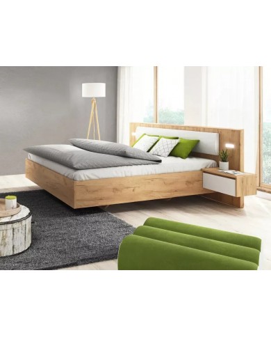 PACK : Lit avec tête de lit capitonnée et table de chevets avec LEDs intégrées 160x200 cm Lexo + matelas 160x200 cm Ajura