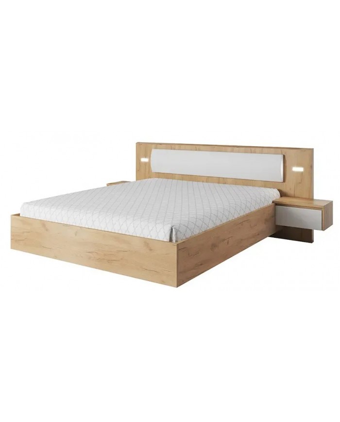 PACK : Lit avec tête de lit capitonnée et table de chevets avec LEDs intégrées 160x200 cm Lexo + matelas 160x200 cm Ajura