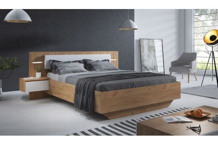 PACK : Lit avec tête de lit capitonnée et table de chevets avec LEDs intégrées 160x200 cm Lexo + matelas 160x200 cm Ajura