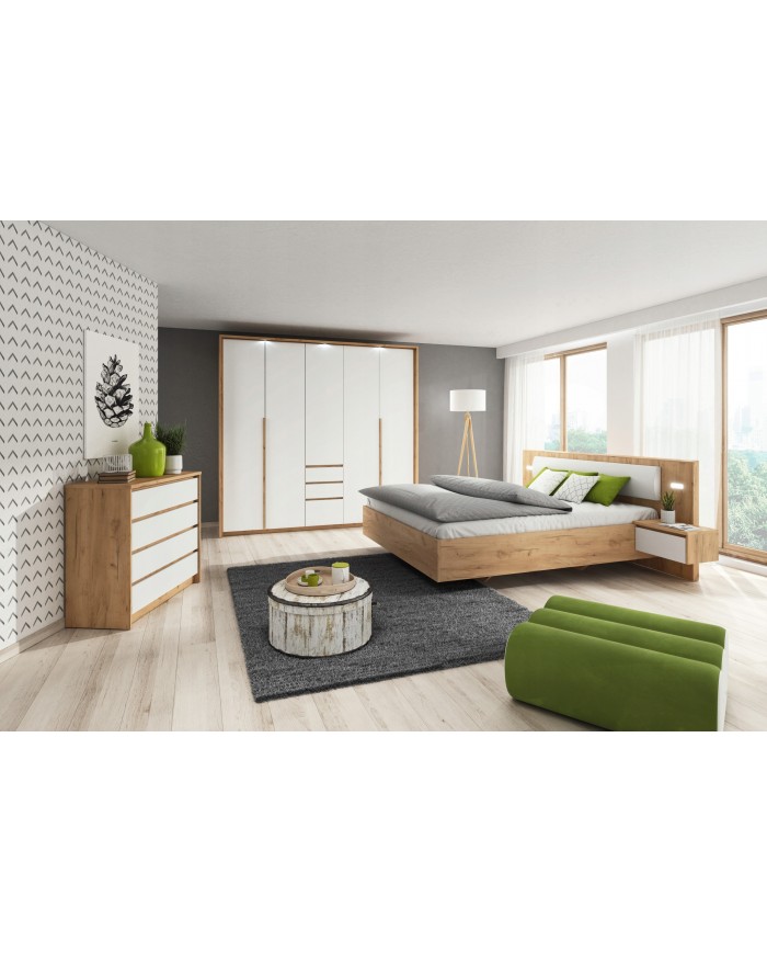 PACK : Lit avec tête de lit capitonnée et table de chevets avec LEDs intégrées 160x200 cm Lexo + matelas 160x200 cm Ajura
