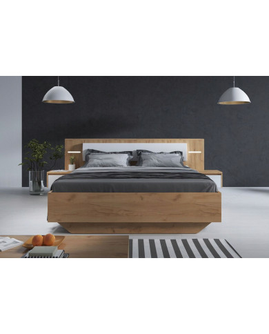 PACK : Lit avec tête de lit capitonnée et table de chevets avec LEDs intégrées 160x200 cm Lexo + matelas 160x200 cm Ajura