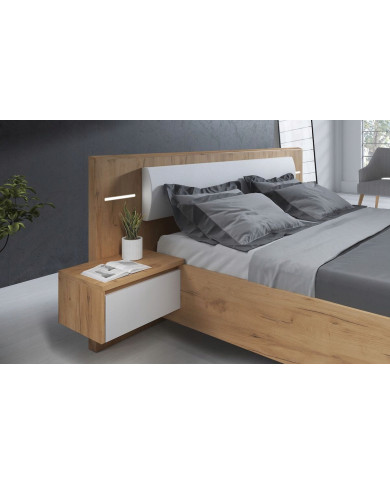 PACK : Lit avec tête de lit capitonnée et table de chevets avec LEDs intégrées 160x200 cm Lexo + matelas 160x200 cm Ajura