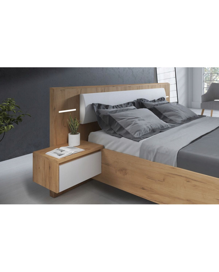 PACK : Lit avec tête de lit capitonnée et table de chevets avec LEDs intégrées 160x200 cm Lexo + matelas 160x200 cm Ajura