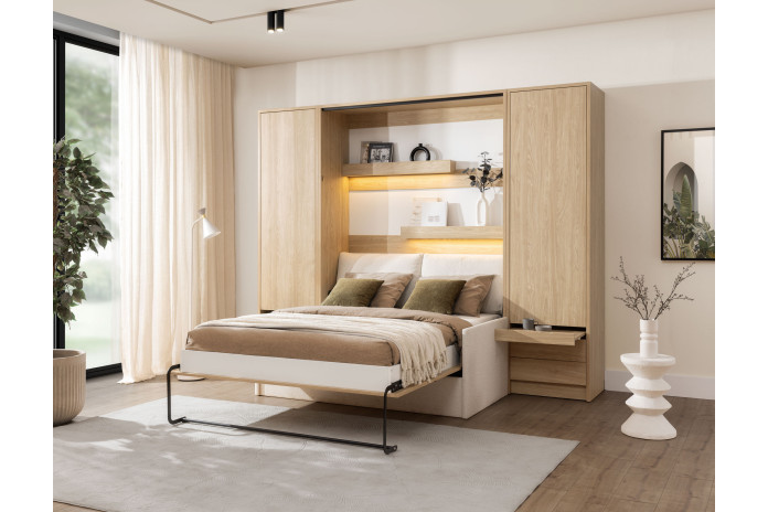 Pack : Armoire lit escamotable avec canapé Emma 04 140x200 cm Chêne huilé  + 2 armoires colonne DELUXE