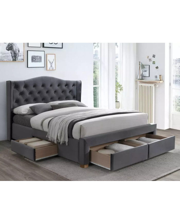 Lit 160x200 cm avec 4 tiroirs en velours gris Aspen II