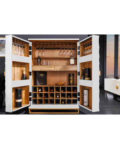 Bar buffet bois de manguier design avec tiroirs, porte verre et porte bouteille 140 cm blanc AMMONIS