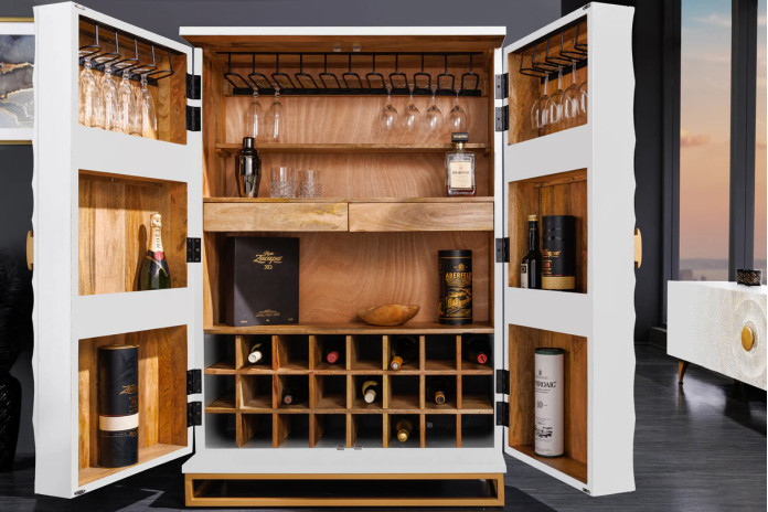 Bar buffet bois de manguier design avec tiroirs, porte verre et porte bouteille 140 cm blanc AMMONIS