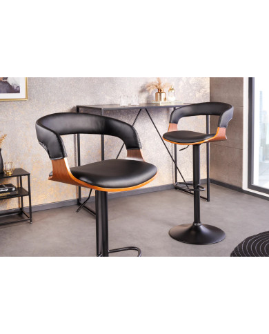 Chaise haute de bar réglable en simili noir et bois naturel de noyer avec pieds en métal design Athan