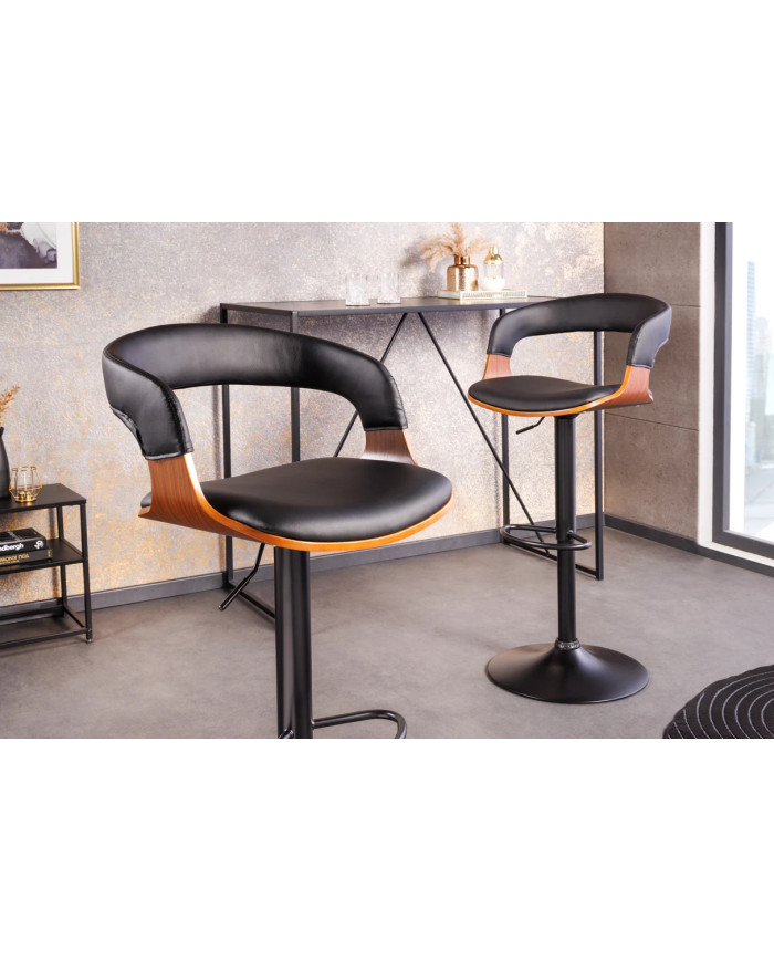 Chaise haute de bar réglable en simili noir et bois naturel de noyer avec pieds en métal design Athan