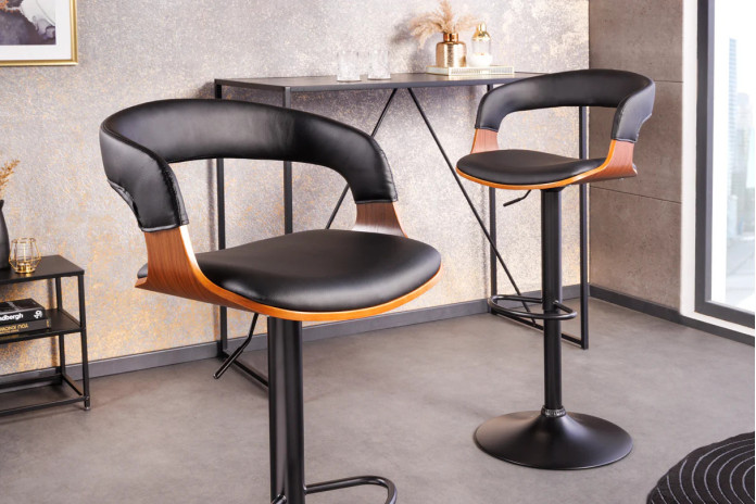 Chaise haute de bar réglable en simili noir et bois naturel de noyer avec pieds en métal design Athan