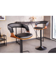 Chaise haute de bar réglable en simili noir et bois naturel de noyer avec pieds en métal design Athan