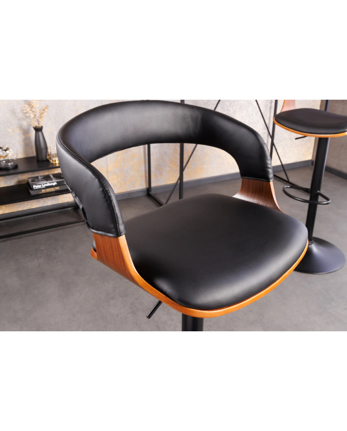 Chaise haute de bar réglable en simili noir et bois naturel de noyer avec pieds en métal design Athan