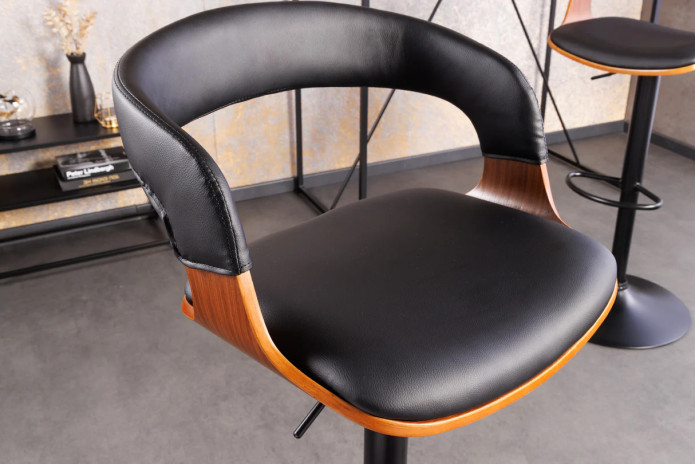 Chaise haute de bar réglable en simili noir et bois naturel de noyer avec pieds en métal design Athan
