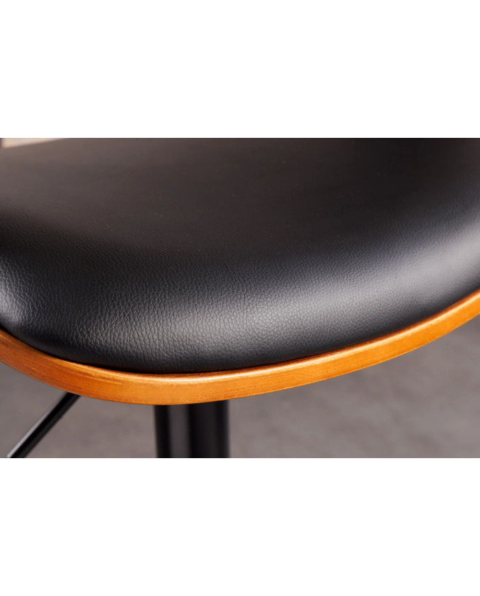 Chaise haute de bar réglable en simili noir et bois naturel de noyer avec pieds en métal design Athan