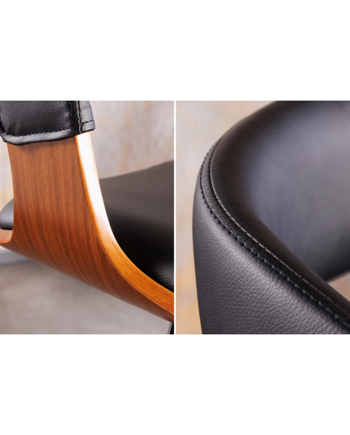 Chaise haute de bar réglable en simili noir et bois naturel de noyer avec pieds en métal design Athan