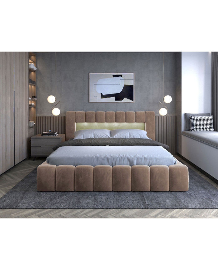 OFFRE BLACK FRIDAY : Lit coffre Camila 160x200 Marron – Sommier relevable & tête de lit LED incluses