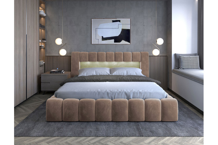 OFFRE BLACK FRIDAY : Lit coffre Camila 160x200 Marron – Sommier relevable & tête de lit LED incluses