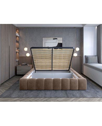 OFFRE BLACK FRIDAY : Lit coffre Camila 160x200 Marron – Sommier relevable & tête de lit LED incluses