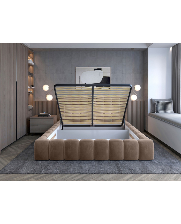 OFFRE BLACK FRIDAY : Lit coffre Camila 160x200 Marron – Sommier relevable & tête de lit LED incluses