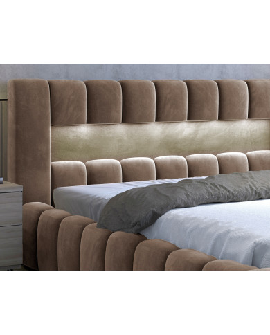 OFFRE BLACK FRIDAY : Lit coffre Camila 160x200 Marron – Sommier relevable & tête de lit LED incluses