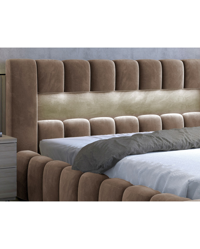 OFFRE BLACK FRIDAY : Lit coffre Camila 160x200 Marron – Sommier relevable & tête de lit LED incluses