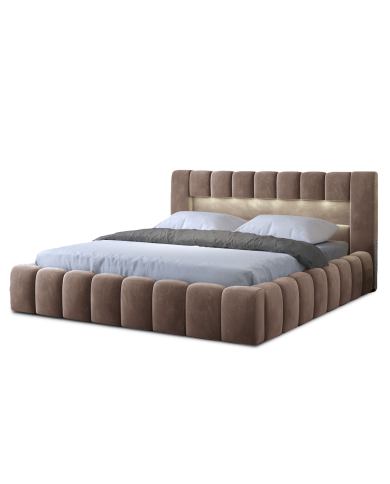 OFFRE BLACK FRIDAY : Lit coffre Camila 160x200 Marron – Sommier relevable & tête de lit LED incluses