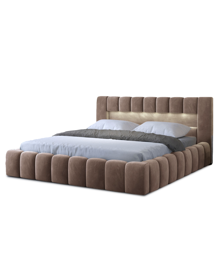 OFFRE BLACK FRIDAY : Lit coffre Camila 160x200 Marron – Sommier relevable & tête de lit LED incluses