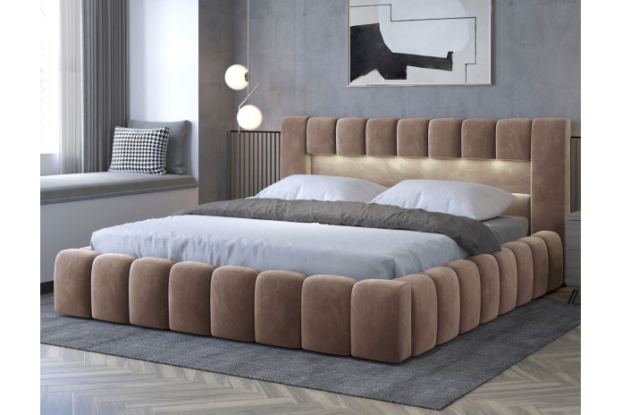 OFFRE BLACK FRIDAY : Lit coffre Camila 160x200 Marron – Sommier relevable & tête de lit LED incluses