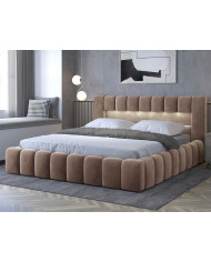 OFFRE BLACK FRIDAY : Lit coffre Camila 160x200 Marron – Sommier relevable & tête de lit LED incluses