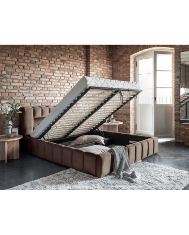 OFFRE BLACK FRIDAY : Lit coffre Camila 160x200 Marron – Sommier relevable & tête de lit LED incluses